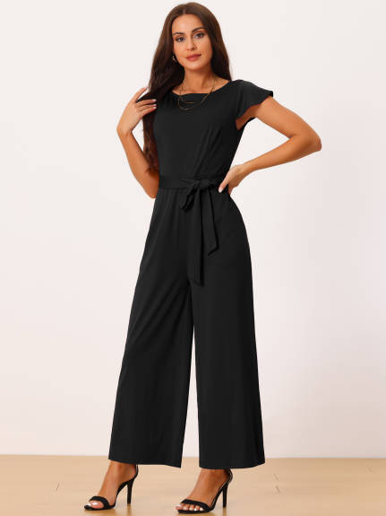 Allegra K - Cap Sleeve Belted High Waist Casual Jumpsuit