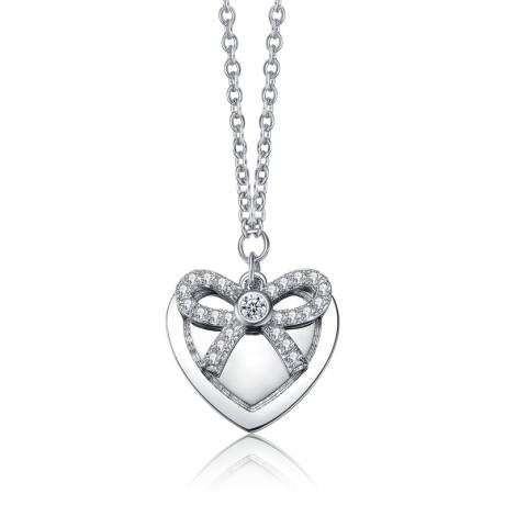 Rachel Glauber White Gold Plated Bow Tie on Heart Shaped Pendant Necklace