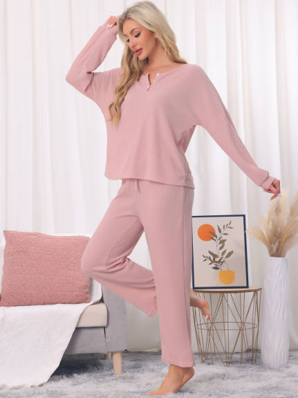 Cheibear - Waffle Knit Long Sleeve Pajama Set