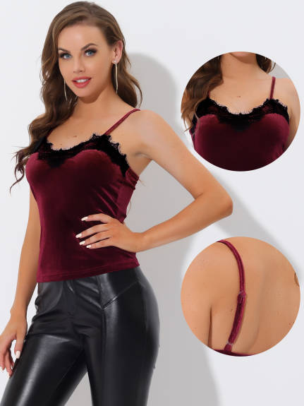 Allegra K- Velvet Camisole Lace Velour Spaghetti Strap Cami Top