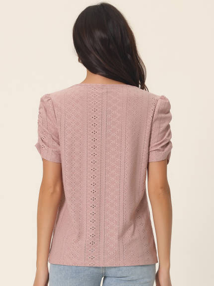 Allegra K- Eyelet Ruched Crewneck Solid Tops