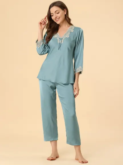 Allegra K - Lace Trim Solid Pajama Sets