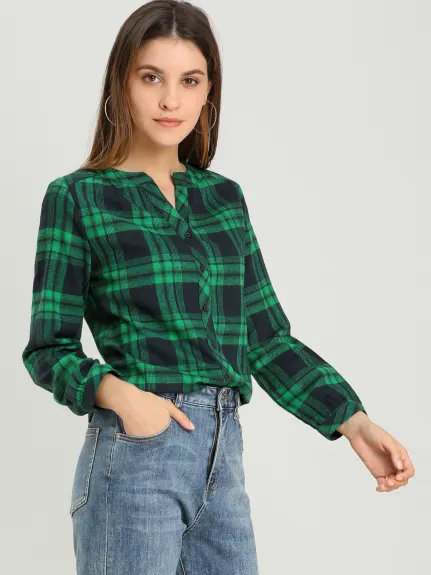 Allegra K- Plaid V Neck Long Sleeve Blouse Shirt