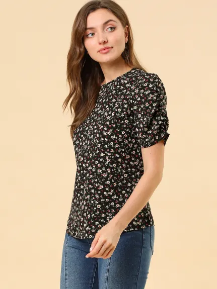 Allegra K- Floral Crew Neck Shirred Short Sleeve Blouse