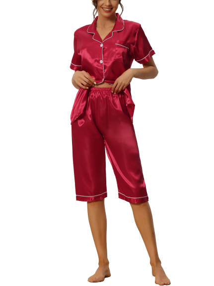 cheibear - Lounge Top and Capri Pants Satin Pajama Set