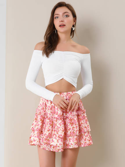 Allegra K- Layered Ruffle Elastic Waist Floral Mini Skirt