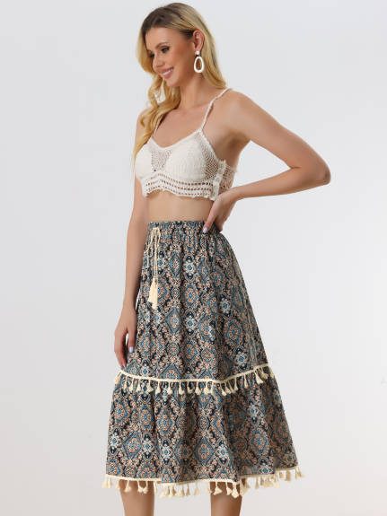 Allegra K- Elastic Waist Tiered Tassel Skirt