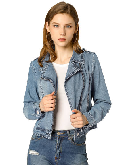 Allegra K- Notched Lapel Asymmetric Zip Moto Denim Jacket