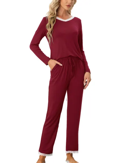 cheibear - V Neck Lace Trim Top with Pants Lounge Set