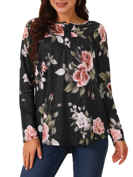 Allegra K - Floral Print Henley V Neck Tunic Top