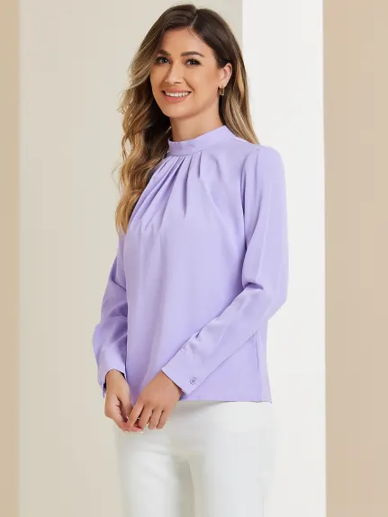 Allegra K - Dressy Stand Collar Long Sleeve Blouse