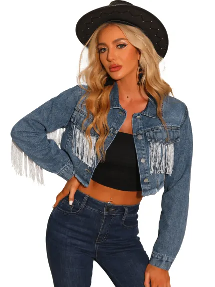 Allegra K- Crop Tassel Button Down Denim Coat