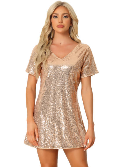 Allegra K- Glitter V Neck Short Sleeve Dress