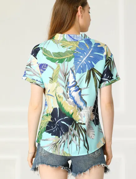 Allegra K- Beach Tropical Floral Leaves Button Down Shirt