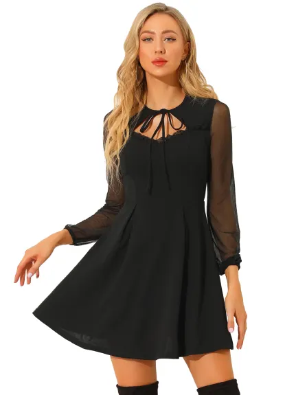 Allegra K- Tie Neck Mini-robe à manches longues en maille à volants