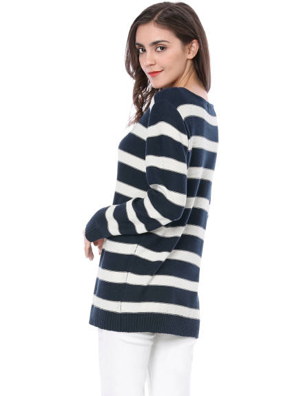 Allegra K- Round Neck Drop Shoulder Loose Striped Tunic Sweater