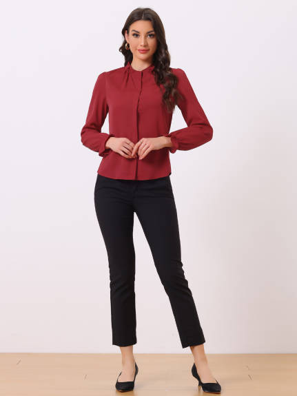 Allegra K- Ruffled Trim Stand Collar Long Sleeve Blouse