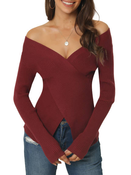 Allegra K- V Neck Wrap Long Sleeve Sweater Top