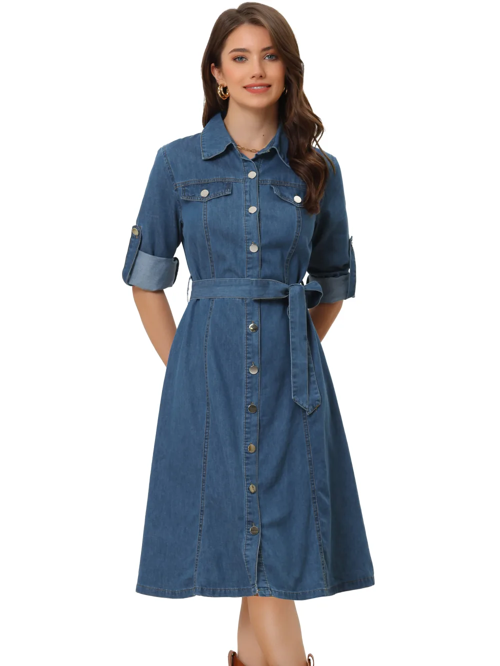 Allegra K - Long Sleeve Button Down Belted Denim Dress