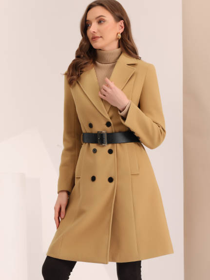 Allegra K - Winter Belted Double Breasted Long Coat