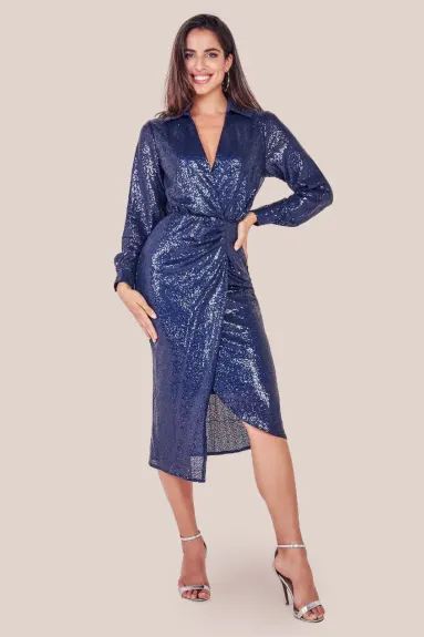 Goddiva - Sequin Front Split Shirt Dress