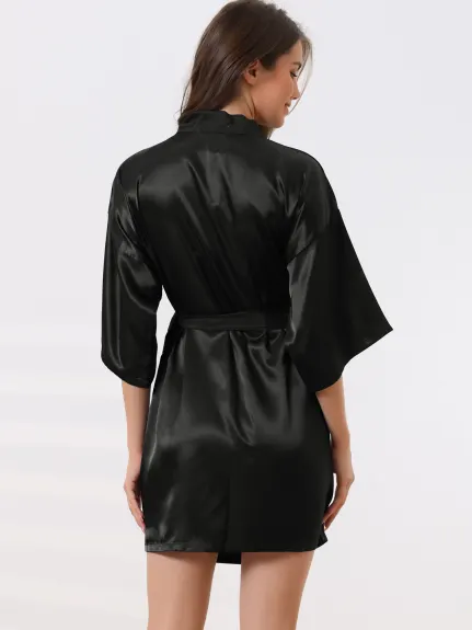 cheibear - 3/4 Sleeves Tie Waist Satin  Night Robe