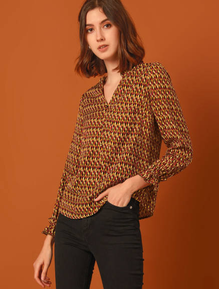 Allegra K- V Neck Geometric Print Puff Sleeve Top