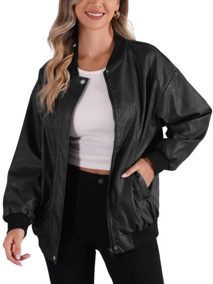 Allegra K - Faux Leather Zip Up Oversized Bomber Jacket