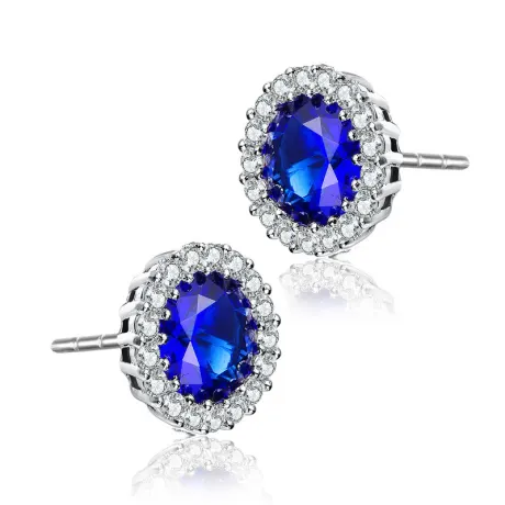 Genevive Sterling Silver with Colored Cubic Zirconia Round Halo Stud Earrings