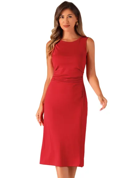 Allegra K- Ruched Crew Neck Sleeveless Midi Dress