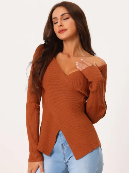 Allegra K- V Neck Wrap Long Sleeve Sweater Top