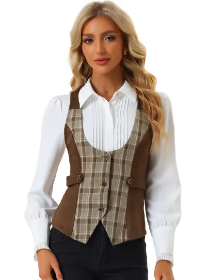 Allegra K- Plaid Button Down Panel Vests