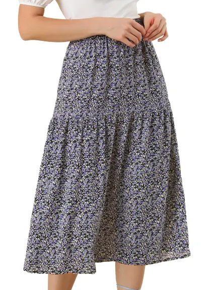 Allegra K- Vintage A-Line Elastic Waist Floral Midi Skirt