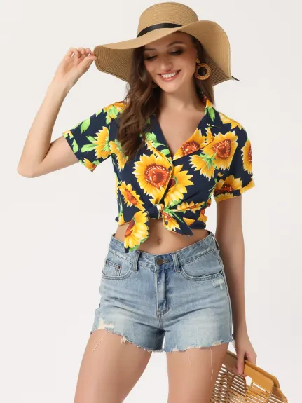 Allegra K- Beach Tropical Floral Leaves Button Down Shirt