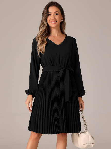 Allegra K - Tie Waist Pleated a Line Flowy Dress