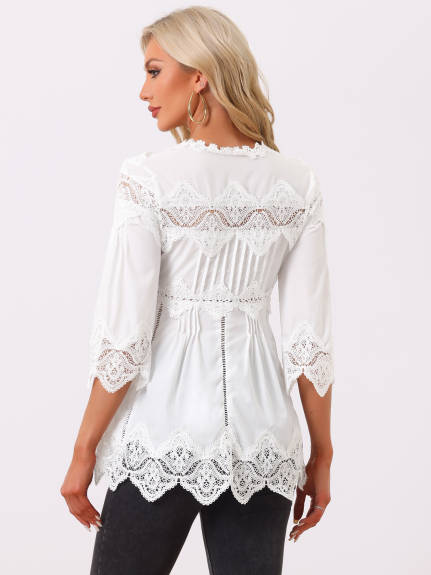 Allegra K - Lace Trim Chiffon Hollow Out Blouse