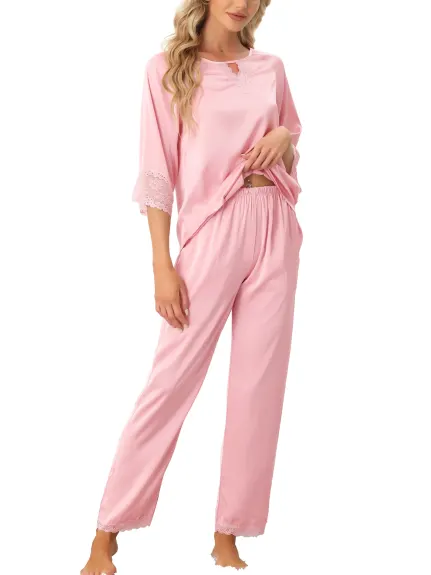 cheibear - Lace 3/4 Sleeves Lounge with Pants Pajama Set