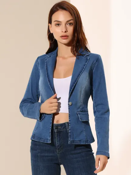 Allegra K- Blazer en Denim délavé à un bouton