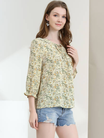 Allegra K- Tie V Neck Ruffled 3/4 Sleeve Floral Blouse