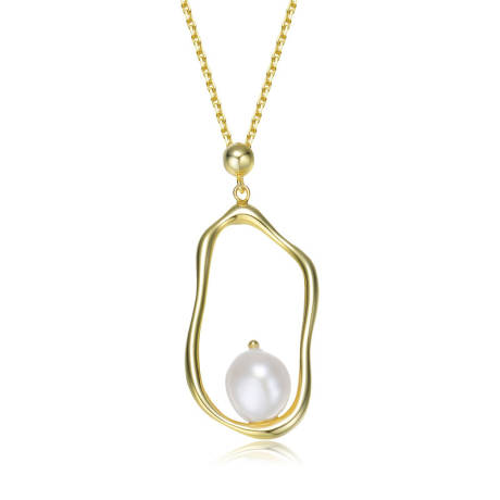 Genevive Sterling Silver 14k Gold Plating with Genuine Freshwater Pearl Halo Pendant Necklace