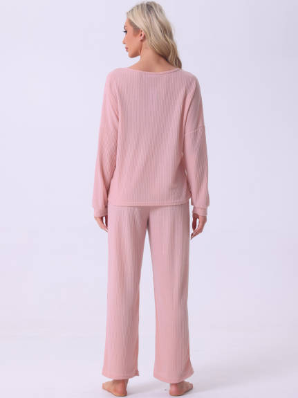 Cheibear - Waffle Knit Long Sleeve Pajama Set