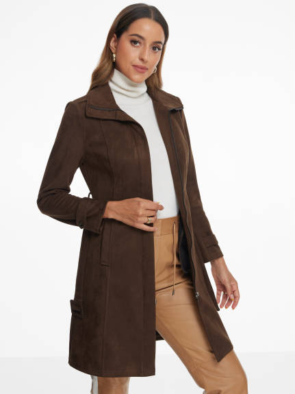 Allegra K- Faux Suede Belted Long Zipper Coat