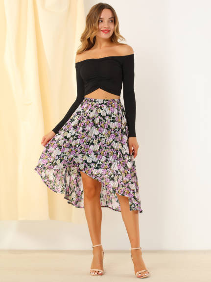 Allegra K- High Low Hem A-Line Midi Floral Skirt