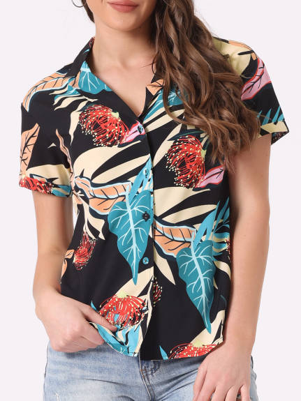 Allegra K- Beach Tropical Printed Button Down Shirt