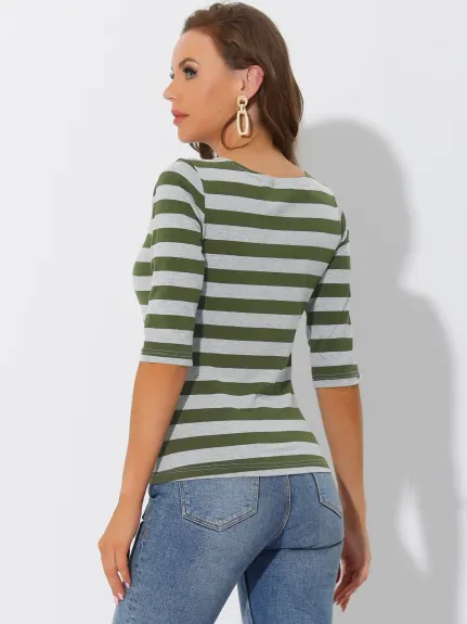 Allegra K- Boat Neck Elbow Sleeve Slim Fit Stripe T-Shirt