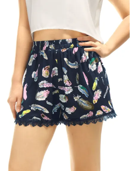 Allegra K - Summer Floral Printed Lace Trim Beach Shorts