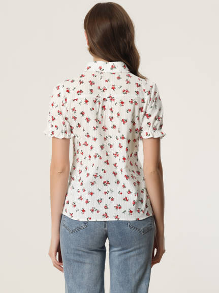 Allegra K - Frilled Short Sleeve Floral Cotton Shirt