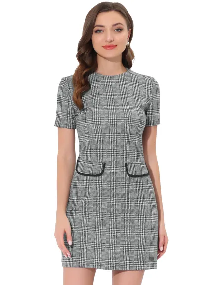 Allegra K- Short Sleeve Vintage Houndstooth Pencil Sheath Dress