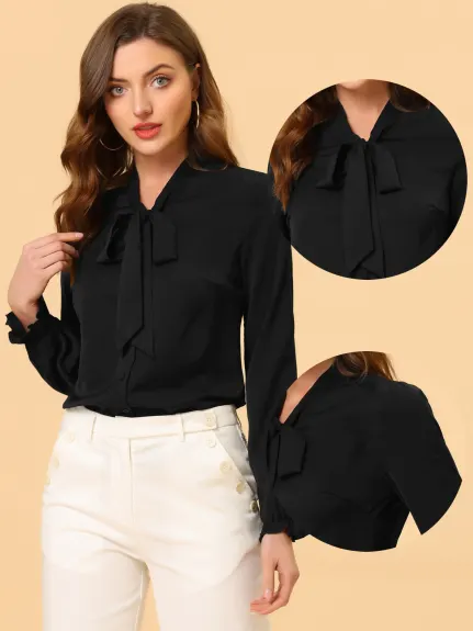 Allegra K - Elegant Bow Tie Neck Long Sleeve Shirt