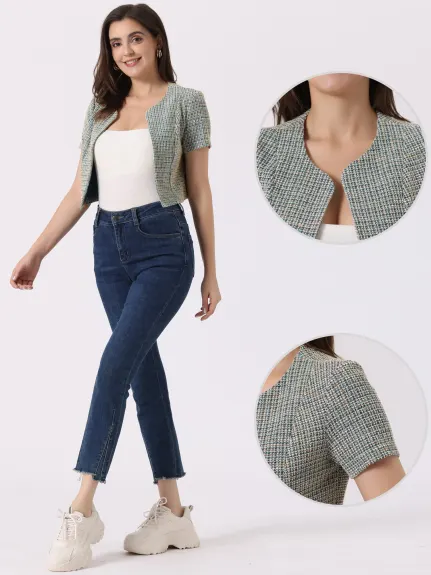 Allegra K- Short Sleeve Crop Tweed Cardigan